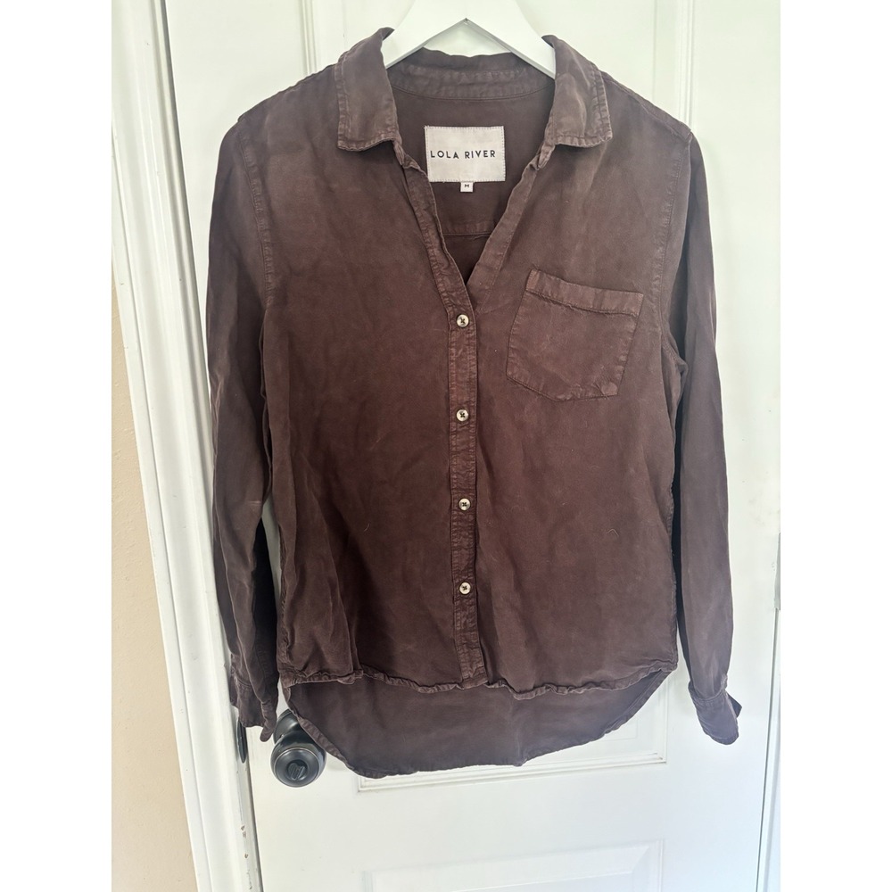 Lola River 100% Tencel Lyocell Brown Button Down Shirt High Low Western Blouse M